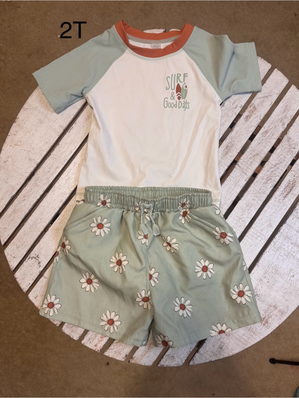 Kids 2T Surf & Good Days Rash Guard Set - Mint Green & White